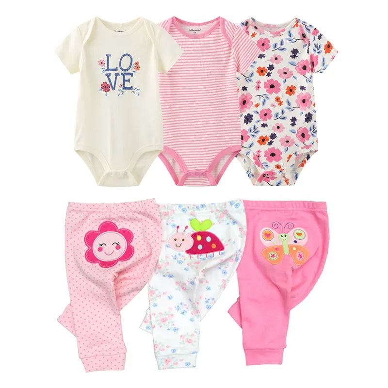 Body Bebê Kiddie Rosa com Estampas - Kit com 6 peças